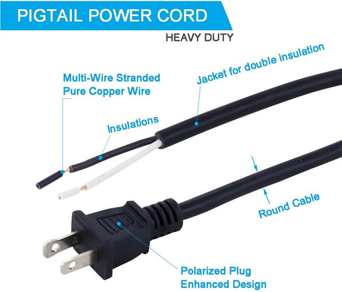 12FT Replacement Power Cord 18 Gauge Round Cable Polarized 2 Prong Plug Pigtail 18 AWG 120V AC Power Supply Cord SJT 2/C Wire Stripped Off 10A 125...