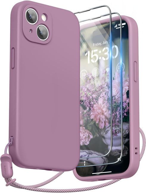 SURPHY Designed for iPhone 15 Case with Screen Protector and Lanyard, Phone Strap and Liquid Silicone Phone Case (Camera Protective + Soft Microfi...