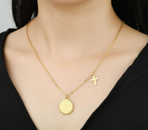 14K Gold Plated Engraved Coin Pendant Necklace for Women Christian Bible Verse Cross Necklace Prayer Faith Religious Jewelry Gifts...