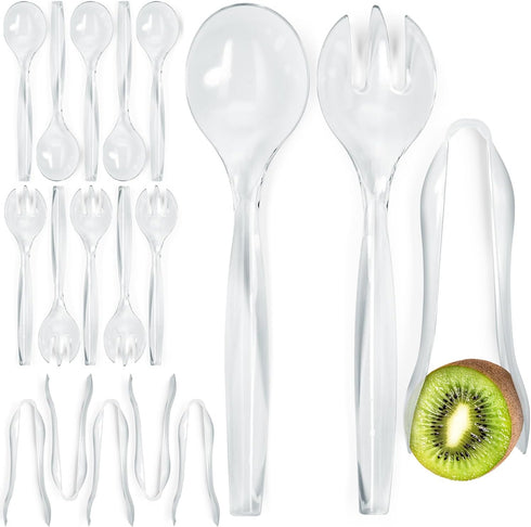 Disposable Plastic Serving Utensils - Set of 18 Clear Buffet Serving Utensils, 6 Each 6" Serving Tongs, 10” Serving Spoons, 10” Serving Forks, Par...