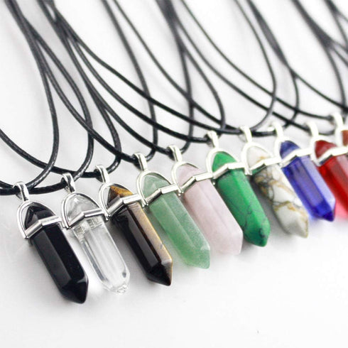 Bullet Shape Gemstone Choker Necklace Hexagonal Pointed Reiki Chakra Pendant Leather Necklace Bohemian Jewelry for Women...