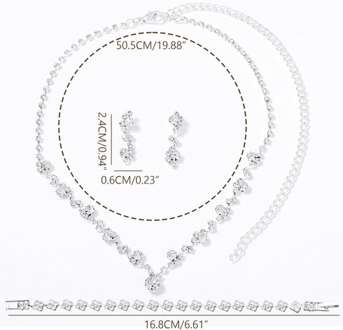 Wedding Jewelry Set for Women, Set of 3 Rhinestone Bridal Necklace Dangle Earrings Bracelet Set, White Silver Plated Bridal Jewelry Set, Wedding P...