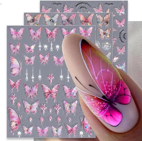 5D Aurora Butterfly Nail Stickers for Women Cartoon Butterfly Nail Art Stickers for Nail Designs Embossed Butterfly Stickers for Nails Design Rose...