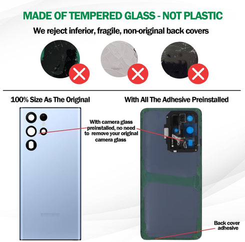 Galaxy S22 Ultra Back Glass Replacement Cover w/Installation Manual +Pre-Installed Camera Lens +All The Adhesive +Repair Tool Kit for Samsung Gala...