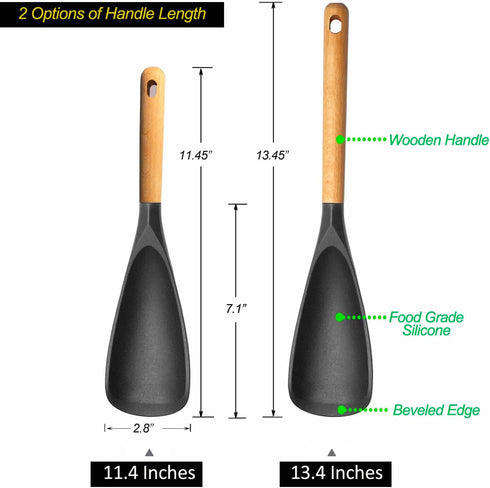 Cooking Spoon for Nonstick Cookingwares with Lengthed Wooden Handle, VOVOLY Silicone Spatula Spoon for Mixing, Scoop, and Scrape, Black, 13.4''...