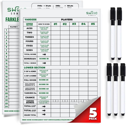 SWOOC Games - 5 Big Dry Erase Yardzee & Farkle Score Cards with 5 Markers (11.5in x 8in) | Large Laminated Reusable Pads & Pens for Giant Dice Gam...