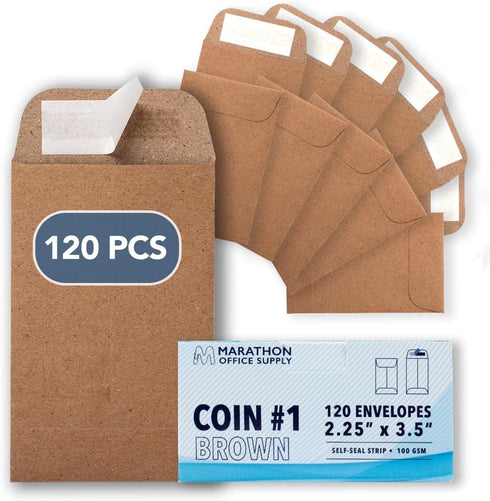 MOS #1 Coin Envelopes – 2-1/4" x 3-1/2" Brown Self-Seal Coin Envelopes #1 (120 Count) – Savings Challenge, Money Envelopes for Cash, Cash Envelope...