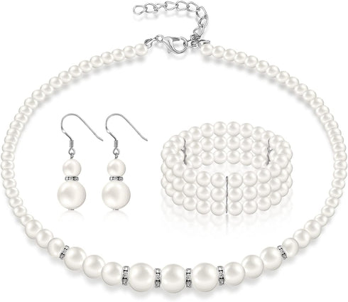 Hicarer 3 Pack Pearl Jewelry Set 1920s Pearl Necklace Bracelet Earrings Simulated Faux Pearl Jewelry Set for Wedding Costume Jewelry for Women...