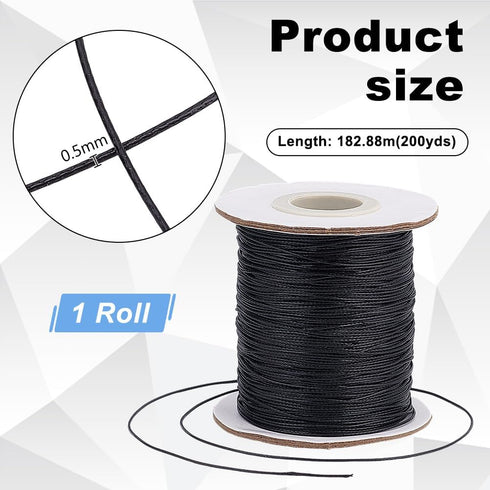 PH PandaHall 0.5mm Waxed Cord, 200 Yards Waxed Cotton Cord Black Waxed Thread Beading String Waxed Craft String for Bracelet Necklace Jewelry Wais...