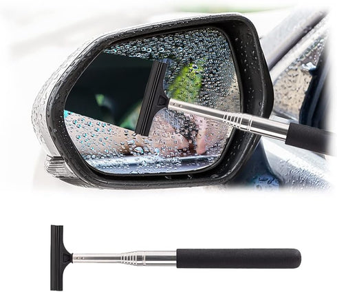 Car Rearview Mirror Wiper, Retractable Rear Mirror Wiper Squeegee, Vehicle Portable Telescopic with 38.6 inches Long Handle Cleaning Tool, Univers...