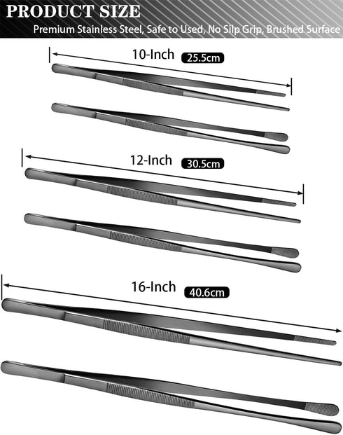 JETKONG 2 Pcs 12-Inch Kitchen Tweezers Tongs with Precision Serrated Tips, Stainless Steel Chef Tweezer Professional Cooking Tweezers for BBQ, Pla...
