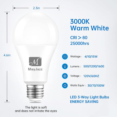 3-Way Led Light Bulbs 30 70 100 Watt Equivalent, 3000K Warm White, A19 E26 LED Bulbs, Omni-Directional, Perfect for Reading, 15 Watt Energy Effici...