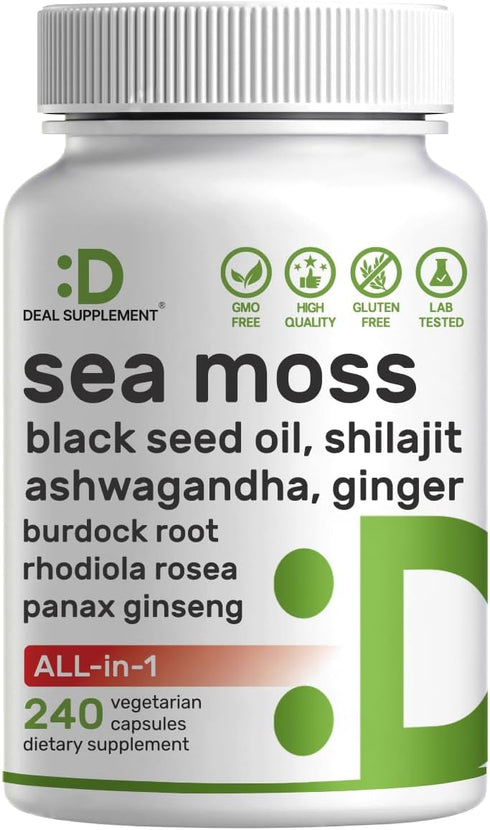 Irish Sea Moss 7000mg Per Serving, 240 Veggie Capsules – 14 Superfood Complex – 3000mg Black Seed Oil, 2000mg Ashwagandha, 600mg Ginger, 5000mg Sh...