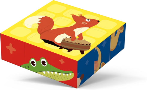 Wooden Cube Jigsaw Puzzle Animal Theme for Toddlers 1+ Years Old, 9-Piece Storytelling Design, 6 Unique Patterns, English Reference Cards, Enhance...