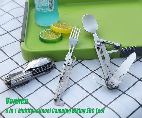 Outdoor Camping Utensil Set, Multi Tools 6 in 1 Stainless Steel Camping Spoon Fork Knife Combo, Vonhen Portable Travel Cutlery Set, Detachable Hik...