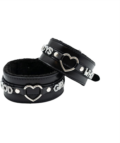 Pink Furry Heart O-ring Leather Choker Collar For Women, Handmade Punk Gothic Letter Necklace Adjustable Fashion Jewerly...