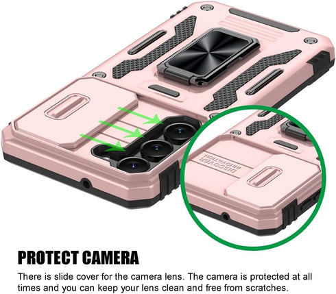 for Samsung Galaxy S23 Plus Case, Shockproof Phone Case with Sliding Camera Cover & Rotatable Ring Holder Kickstand + Tempered Glass Screen Protec...