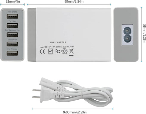 Pezin & Hulin 5 Port USB Wall Charger, 45W, Compatible with Tablet, Phone, Cell Devices...