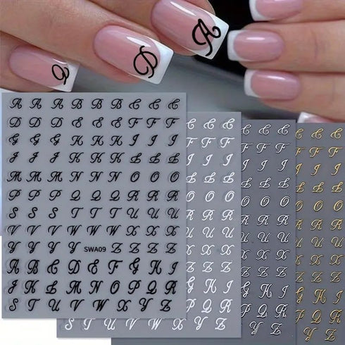 Retro English Letters Nail Stickers for Nail Art 8 Sheets 3D Self-Adhesive Black White Gold Silver Design Nail Decals Pegatinas Uñas Personalized ...