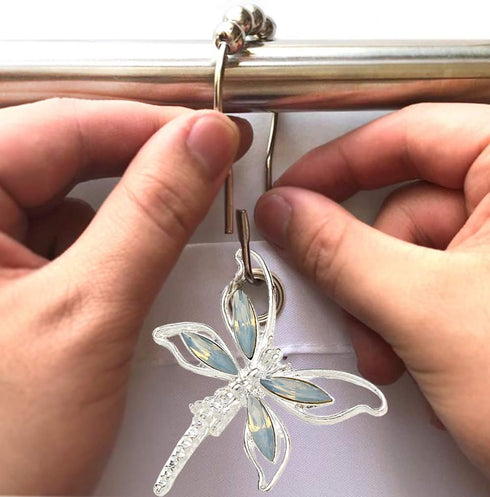 Crystal Dragonfly Shower Curtain Hooks - Brushed Nickel Rings with Rhinestones Dragonfly Pendant,Rust Proof Silver Metal Curtain Hangers (Silver)...