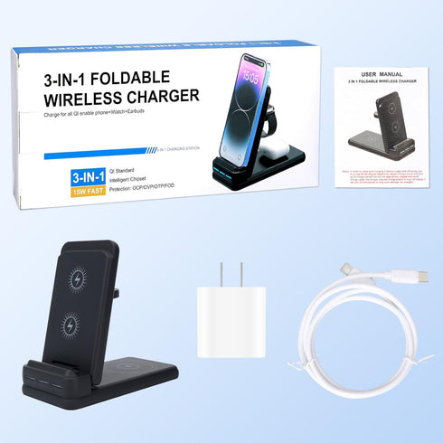 Foldable 3 in 1 Wireless Charging Station for Multiple Devices Apple,Wireless Charger for Travel,Wireless Charging Stand Compatible with iPhone 15...