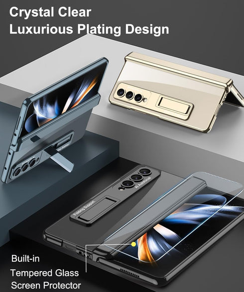 for Samsung Galaxy Z Fold 4 5G Clear Case with Magnetic Hinge Protection and Adjustable Kickstand & Screen Protector, Transparent Electroplating M...