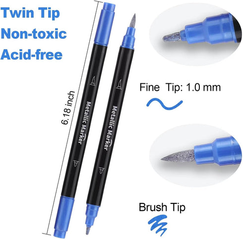 Metallic Marker Pens - Dual Tip Brush and Fine Point Pens for DIY Album, Black Cards, Rock Painting, Card Making, Scrapbooking, Fabric, Metal, Cer...