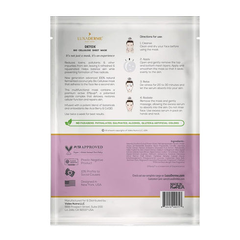 LuxaDerme Detox Bio Cellulose Face Mask, Moisturizing and Brightening Skincare Face Mask, Korean Sheet Masks for Glass Skin with Acai Berry, CoQ10...
