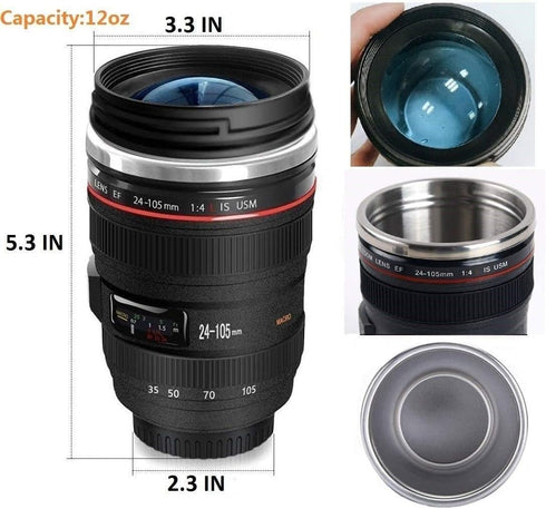 Camera Lens Coffee Mugs,Stainless Steel Lens Cups with Four Leaf Clover Spoon,Novelty Christmas Gifts for Photographers Sweeties Dad Men Women Pho...