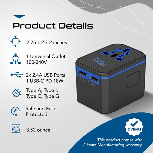 Ceptics Universal Travel Plug Adapter - Powerful 33W with PD & QC 3.0 USB-C Fast Charging - 2 USB Ports Wall Charger Type I C G A Outlets 110V 220...