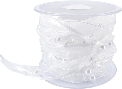 11 Yards Pearls String Beads Organza Sheer Chiffon Satin Ribbon 3 Strings Mix Style for Wedding Party Christmas Garland Valentine’s Day Bouquet DI...