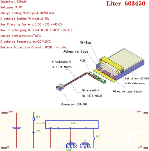 Liter 3.7V 1200mAh 603450 Lipo Battery Rechargeable Lithium Polymer ion Battery Pack with JST 2.0mm Connector...