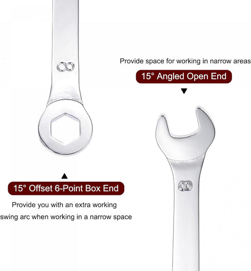 uxcell Thin Combination Wrench with Offset 6-Point End and Angled Open End, Metric Mirror-Chrome Plated High Carbon Steel, for Household Repairs, ...