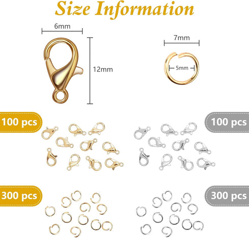 800+ Pieces Lobster Clasps and Open Jump Rings, 12 mm Lobster Claw Clasps Necklace Fasteners Hook and 5 mm Jump Rings for DIY Bracelet Necklace Je...