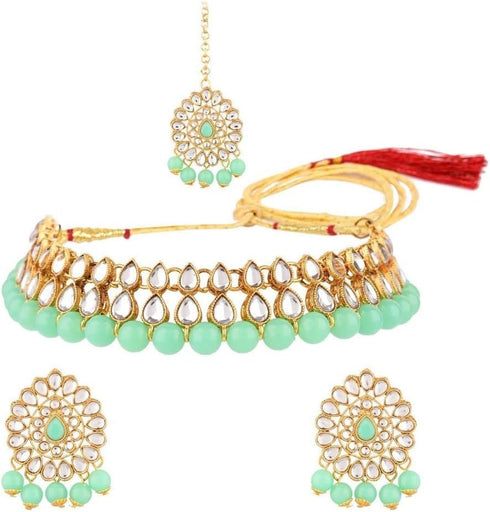 Efulgenz Kundan Indian Bridal Jewelry Indian Choker Set Faux Pearl Kundan Choker Wedding Bridal Bollywood Necklace Earrings Maang Tikka Jewelry Se...