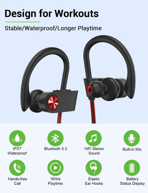 Stiive Bluetooth Headphones, 5.3 Wireless Sports Earbuds IPX7 Waterproof with Mic, Stereo Sweatproof in-Ear Earphones, Noise Cancelling Headsets f...