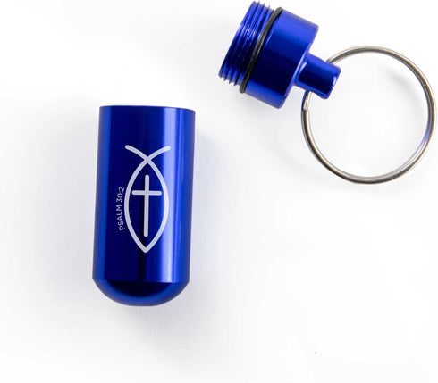 Blue Pill Case Keychain, Waterproof Metal Travel Container for Medicine Storage, Small Empty Organizer Bottle with Christian Jesus Fish, Cross, & ...