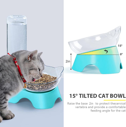 MILIFUN Double Dog Cat Bowls - Pets Water and Food Bowl Set, 15°Tilted Water and Food Bowl Set with Automatic Waterer Bottle for Small or Medium S...