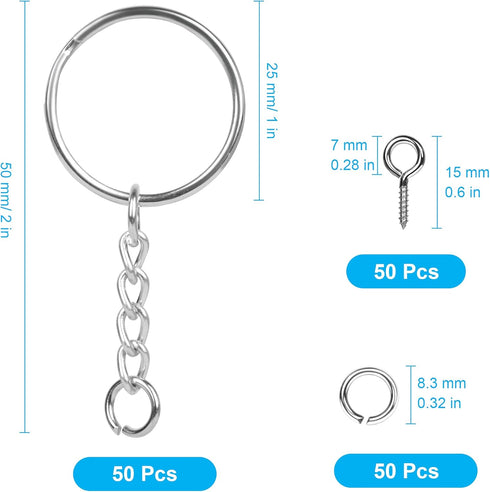 150PCS Sliver Keychain Rings Kit, 50PCS Key Chain Rings with Chain and 50PCS Open Jump Ring with Screw Eye Pins for Jewelry Making Supplies...