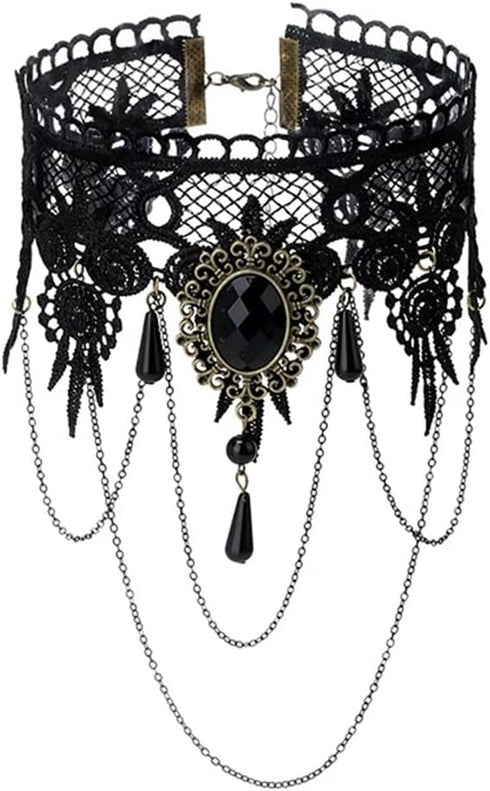 Vintage Lace Skull Choker Necklace, Lace Gothic Statement Necklace, Halloween Goth Choker Necklaces, Vampire Choker Necklace Costume for Women (Bl...