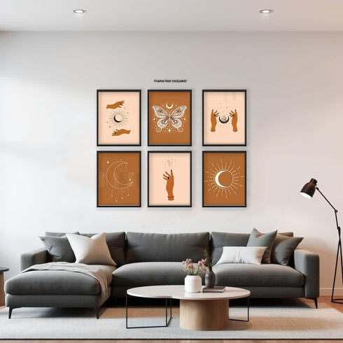 Posterizer 6 pcs-Neutral Astrology Sun and Moon Spiritual Boho Print-Astrology Zodiac Art-Abstract Modern -Gift for Street Art, Mural Fans-Decor f...