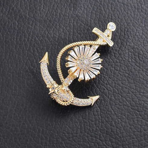 Anchor Nautical Brooch Pin Anchor Rope Brooch Gold Shiny Cubic Zirconia Pins & Pendants Scarf Holders for Women Men...