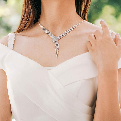 Unicra Bride Silver Necklace Earrings Set Crystal Bridal Wedding Jewelry Sets Rhinestone Bridesmaid Party Choker Necklace Drop Dangle Earrings Set...
