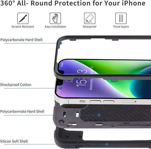 for iPhone 14 Plus Case 6.7 Inch with Ring Stand, with 2 Pack Glass Screen Protector + 1 Pack Camera Lens Protector,Heavy-Duty Shockproof Military...