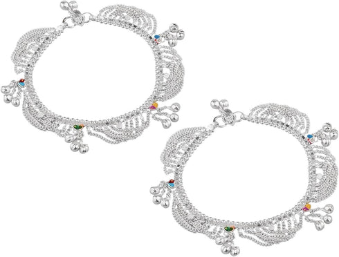 Efulgenz Indian Silver Tone Bell Charms Tassel Chain Anklet Set for Women Bracelet Payal Foot Jewelry...
