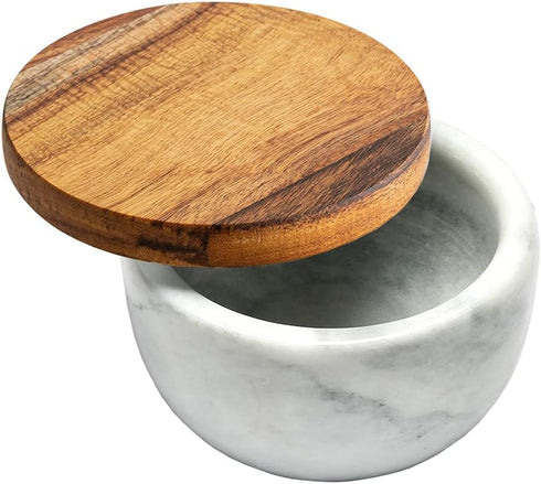 white Marble Base Wood Cover Salt Box with spoon Large Solid Natural Acacia lid white Marble base Elegant Design Decorative Boxes Big Capacity Sal...