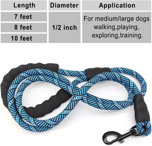 7FT/8FT/10FT Heavy Duty Rope Dog Leash, 1/2" Diameter Strong Nylon Medium Large Dog Leash with Soft Handle - for Outdoor Pets Walking Playing Expl...