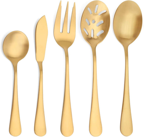 Matte Gold Serving Set?SHARECOOK 5-Piece 18/0 Stainless Steel Large Hostess Set with Round Edge, Satin Finished, Dishwasher Safe -Spoons, Forks,Bu...