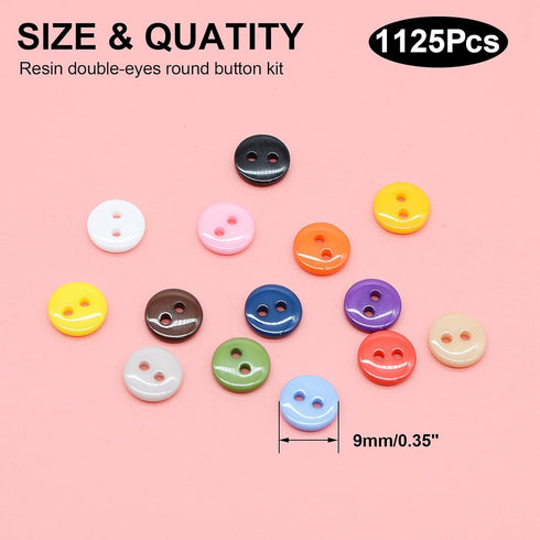 Round 2 Holes Craft Buttons, 1125Pcs 0.35 Inch(9mm) Sewing Buttons, 15 Colors Resin Buttons, for Sewing Children Sweater DIY Crafts Scrapbooking C...