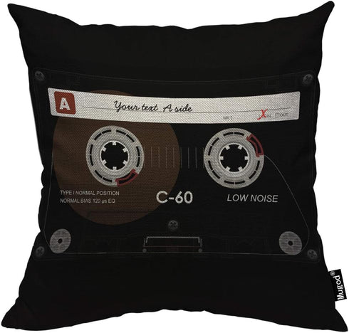 Mugod Retro Audio Cassette Throw Pillow Music Record Player Low Noise 80s Plastic Tape Cotton Linen Square Cushion Cover Standard Pillowcase 18x18...